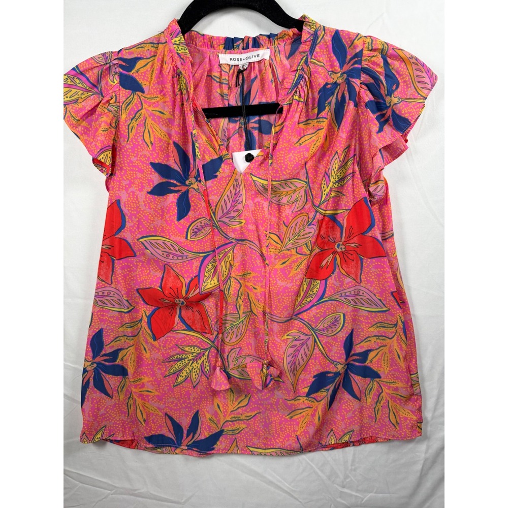 Rose + Olive Pink Floral Flutter Sleeve Blouse Split‎ Tie Neck Top NWT XS boho